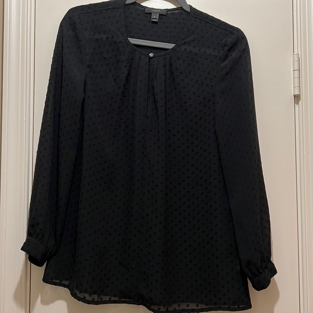 J Crew Black Chiffon Clip Dot Blouse with Keyhole Neckline
